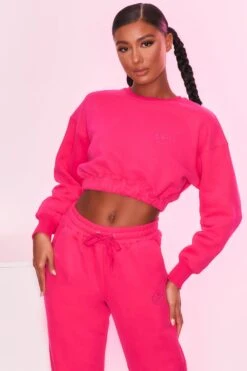 Cropped Sweatshirt In Hot Pink -Core Fit Shop bt0129 bt0130 5 self love take care hot pink heart logo comfy cropped sweater joggers sportswear 2