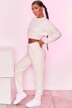 Cropped Sweatshirt In Ivory -Core Fit Shop bt0129 bt0130 7 self love take care ivory heart logo comfy cropped sweater joggers sportswear