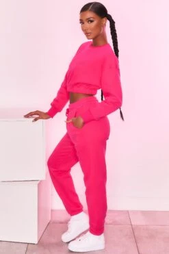 Cropped Sweatshirt In Hot Pink -Core Fit Shop bt0129 bt0130 9 self love take care hot pink heart logo comfy cropped sweater joggers sportswear 3