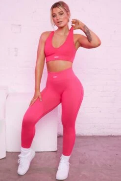 Strong Ribbed Butt Lifting Leggings In Hot Pink -Core Fit Shop bt0135 bt0131 11 be the best strong pink ribbed sports bra high waisted leggings sportswear set