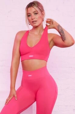 Ribbed Plunge Neck Sports Bra In Hot Pink 17 Ribbed Plunge Neck Sports Bra In Hot Pink -Core Fit Shop bt0135 bt0131 11 be the best strong pink ribbed sports bra high waisted leggings sportswear set 3