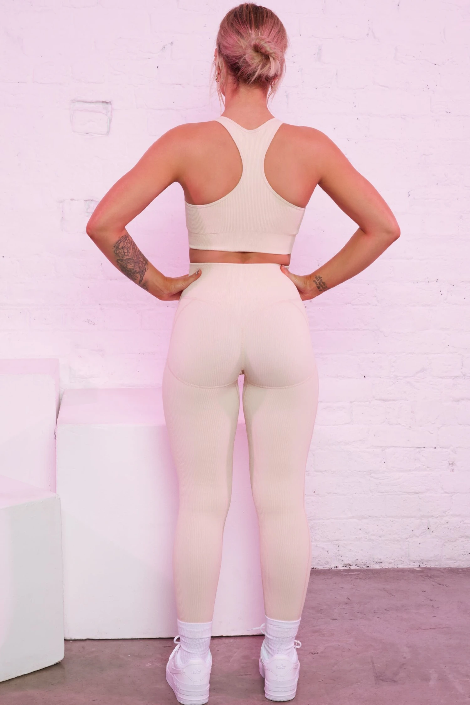 Ribbed Plunge Neck Sports Bra In Cream 4 Ribbed Plunge Neck Sports Bra In Cream - Image 2