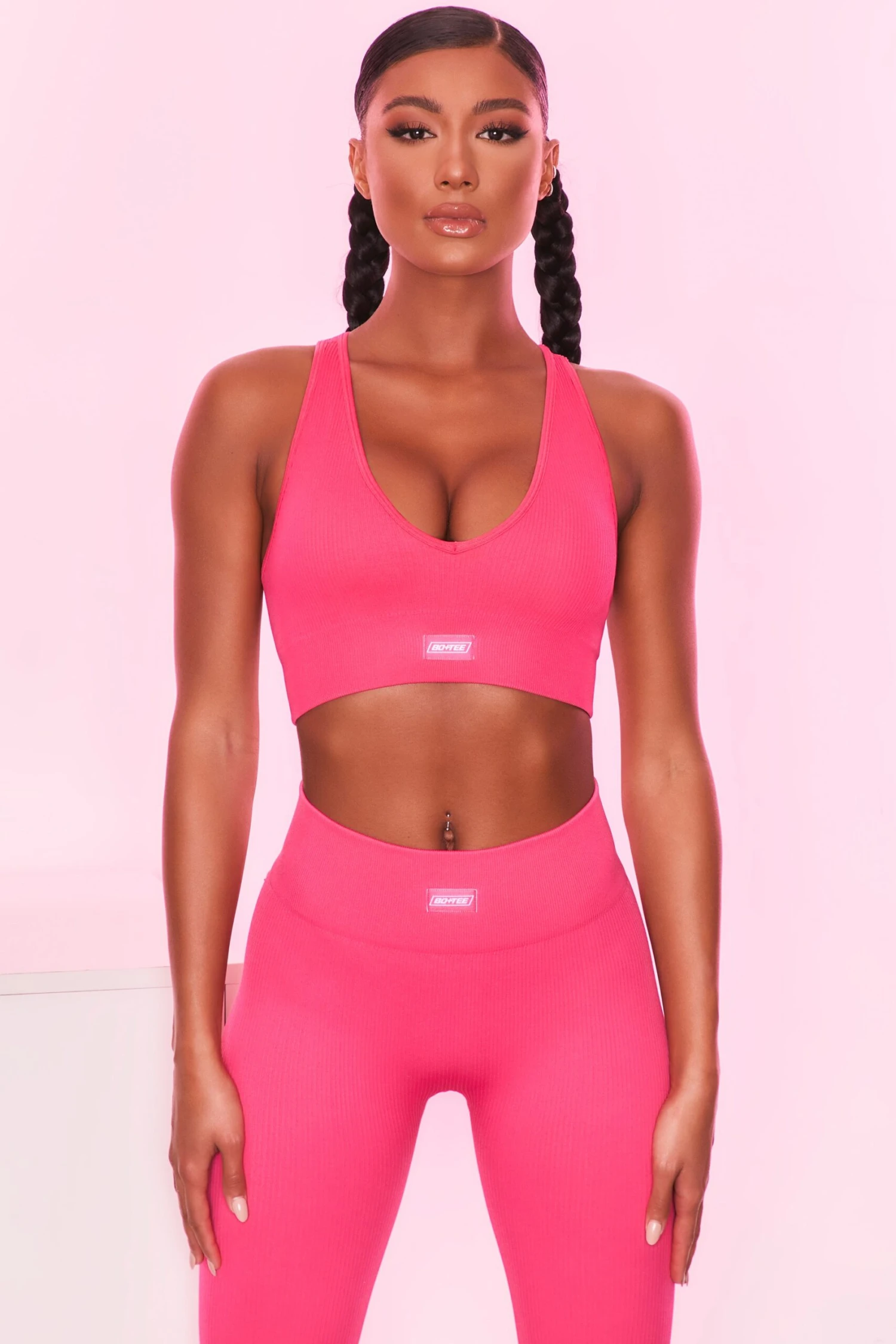 Ribbed Plunge Neck Sports Bra In Hot Pink 3 Ribbed Plunge Neck Sports Bra In Hot Pink