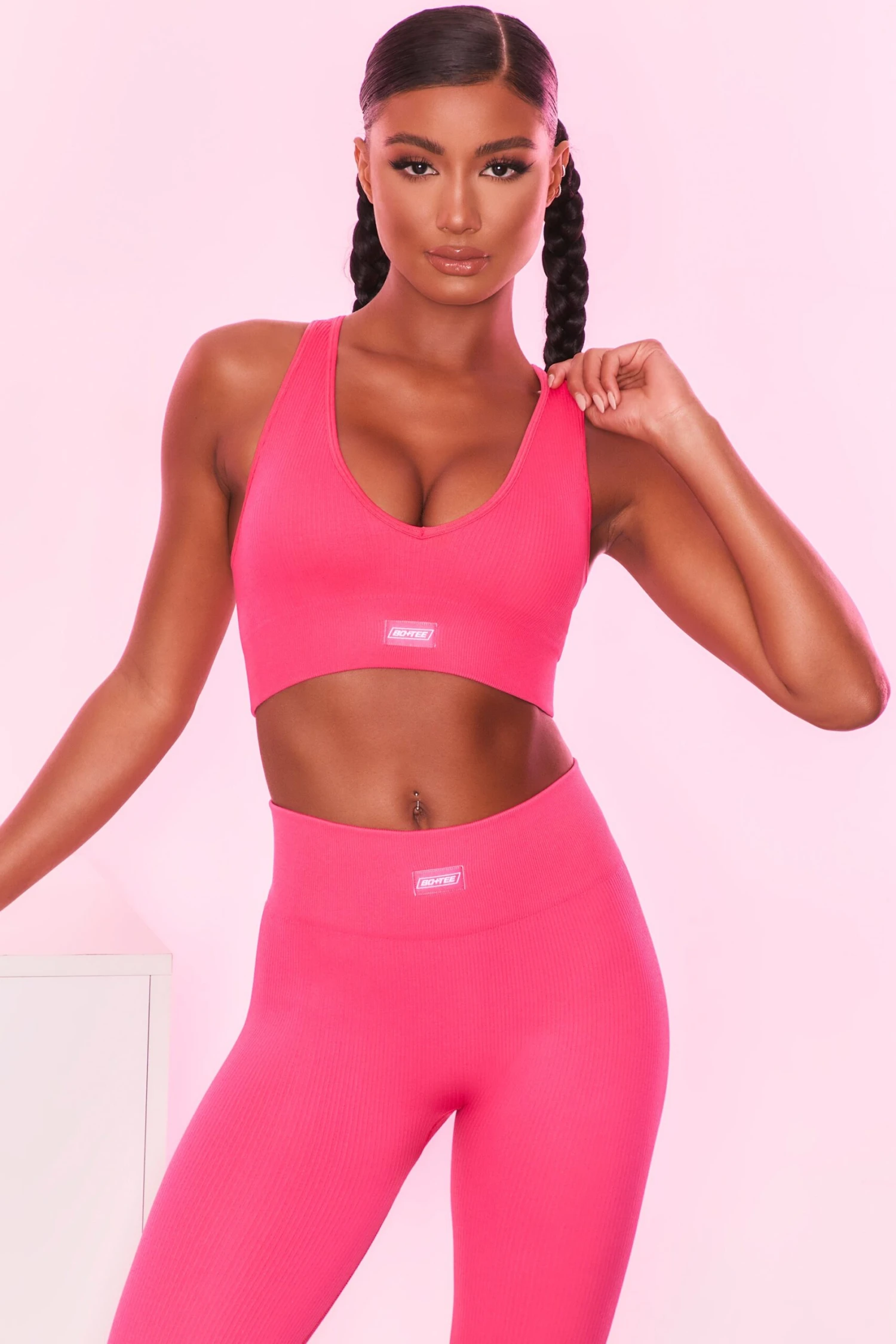 Ribbed Plunge Neck Sports Bra In Hot Pink 8 Ribbed Plunge Neck Sports Bra In Hot Pink - Image 6