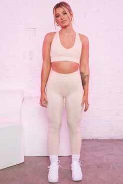 Ribbed Plunge Neck Sports Bra In Cream