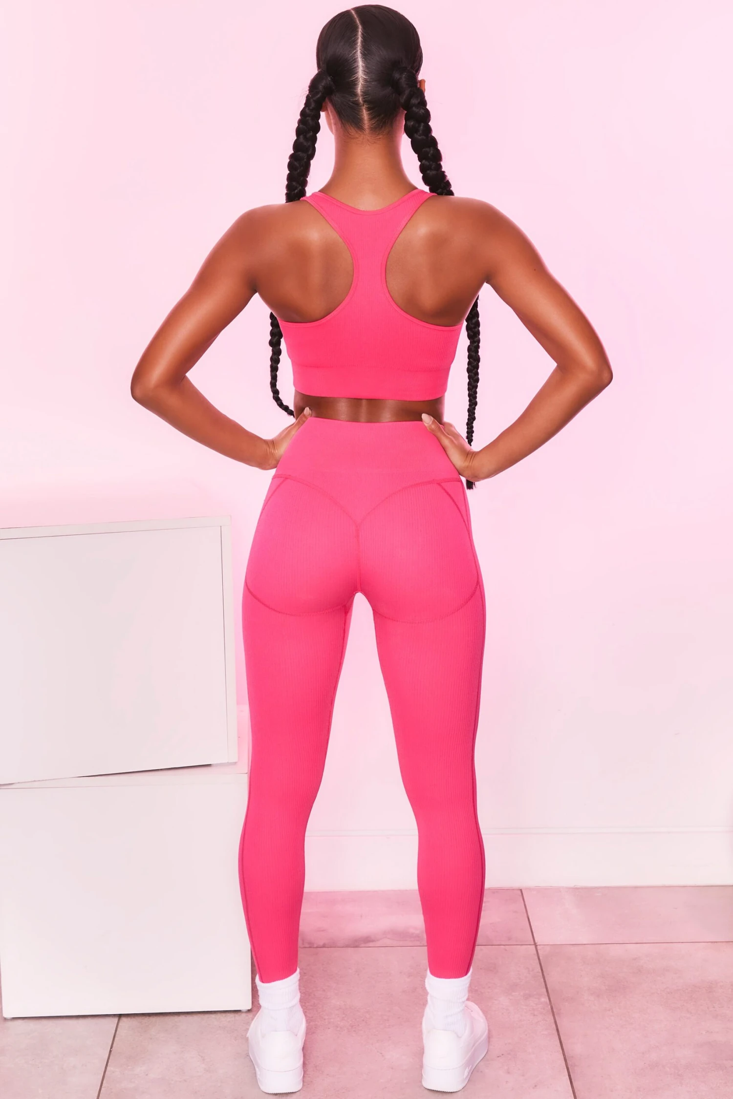 Ribbed Plunge Neck Sports Bra In Hot Pink 6 Ribbed Plunge Neck Sports Bra In Hot Pink - Image 4