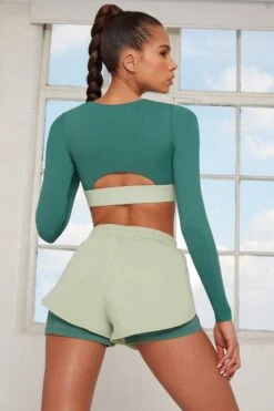 Tulip Hem Running Shorts In Green -Core Fit Shop bt0144 bt0141 1 healthy green double layer shorts alive cutout zip crop top 1