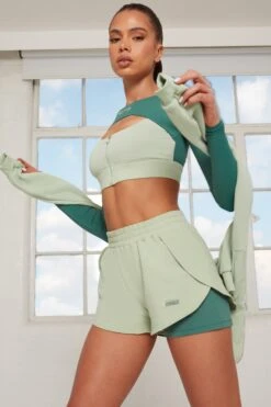 Tulip Hem Running Shorts In Green -Core Fit Shop bt0144 bt0141 5 healthy green double layer shorts alive cutout zip crop top