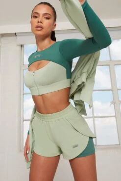 Tulip Hem Running Shorts In Green -Core Fit Shop bt0144 bt0141 6 healthy green double layer shorts alive cutout zip crop top