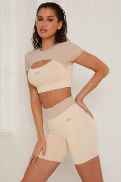 Contrast Waist Cycle Shorts In Beige -Core Fit Shop bt0145 2 renew beige cut out short sleeve crop top 1