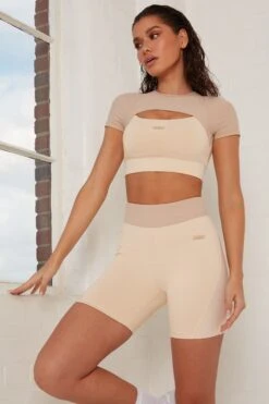Contrast Waist Cycle Shorts In Beige -Core Fit Shop bt0145 5 renew beige cut out short sleeve crop top 1