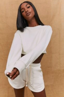 Momentum Raw Hem Cropped Sweatshirt In Ivory -Core Fit Shop bt0193 1 momentum ivory long sleeved cropped sweatshirt