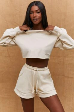 Momentum Raw Hem Cropped Sweatshirt In Sand -Core Fit Shop bt0193 2 momentum sand long sleeved cropped sweatshirt