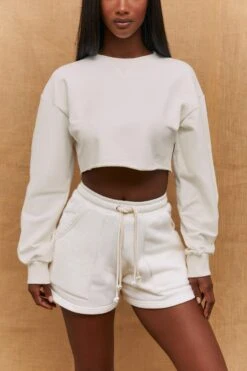 Momentum Raw Hem Cropped Sweatshirt In Ivory -Core Fit Shop bt0193 4 momentum ivory long sleeved cropped sweatshirt
