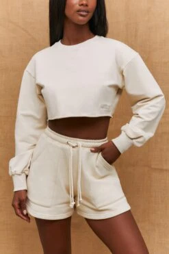 Momentum Raw Hem Cropped Sweatshirt In Sand -Core Fit Shop bt0193 4 momentum sand long sleeved cropped sweatshirt