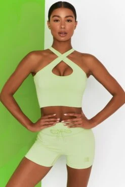Ribbed Tie Front Mini Shorts In Lime -Core Fit Shop bt0301 bt0303 2 move it adapt lime high waist draw string ribbed cycle shorts cross strap ribbed crop top 1