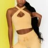 Ribbed Tie Front Mini Shorts In Yellow -Core Fit Shop bt0301 bt0303 2 move it adapt yellow high waist draw string ribbed cycle shorts cross strap ribbed crop top 2