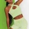 Ribbed Tie Front Mini Shorts In Lime 2 Ribbed Tie Front Mini Shorts In Lime -Core Fit Shop bt0301 bt0303 3 move it adapt lime high waist draw string ribbed cycle shorts cross strap ribbed crop top 1