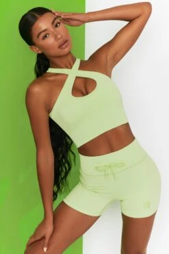 Ribbed Tie Front Mini Shorts In Lime