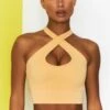 Ribbed Halter Crop Top In Yellow -Core Fit Shop bt0301 bt0303 3 move it adapt yellow high waist draw string ribbed cycle shorts cross strap ribbed crop top 1 1