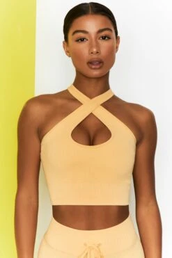 Ribbed Halter Crop Top In Yellow
