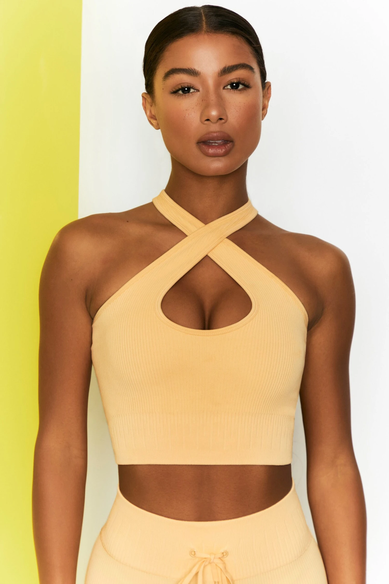 Ribbed Halter Crop Top In Yellow 3 Ribbed Halter Crop Top In Yellow