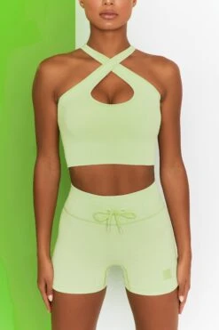 Ribbed Tie Front Mini Shorts In Lime -Core Fit Shop bt0301 bt0303 4 move it adapt lime high waist draw string ribbed cycle shorts cross strap ribbed crop top 1