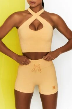 Ribbed Halter Crop Top In Yellow 15 Ribbed Halter Crop Top In Yellow -Core Fit Shop bt0301 bt0303 6 move it adapt yellow high waist draw string ribbed cycle shorts cross strap ribbed crop top 3
