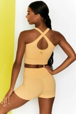 Ribbed Halter Crop Top In Yellow 13 Ribbed Halter Crop Top In Yellow -Core Fit Shop bt0301 bt0303 8 move it adapt yellow high waist draw string ribbed cycle shorts cross strap ribbed crop top 3