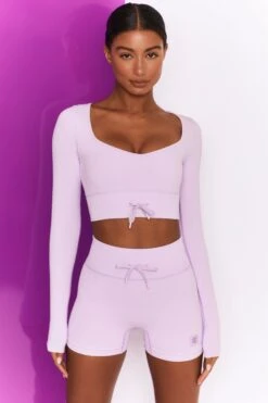 Ribbed Tie Front Mini Shorts In Lilac -Core Fit Shop bt0301 bt0306 10 move it time check lilac high waist draw string ribbed cycle shorts long sleeved strap crop top