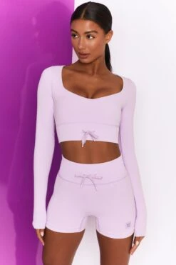 Ribbed Tie Front Mini Shorts In Lilac -Core Fit Shop bt0301 bt0306 1 move it time check lilac high waist draw string ribbed cycle shorts long sleeved strap crop top 2