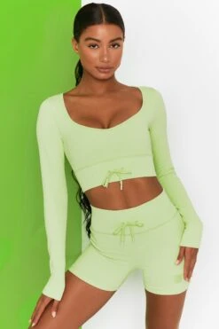 Time Check Ribbed Long Sleeve Crop Top In Lime -Core Fit Shop bt0301 bt0306 2 move it time check lime high waist draw string ribbed cycle shorts long sleeved strap crop top 2