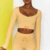 Time Check Ribbed Long Sleeve Crop Top In Yellow -Core Fit Shop bt0301 bt0306 2 move it time check yellow high waist draw string ribbed cycle shorts long sleeved strap crop top