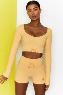 Time Check Ribbed Long Sleeve Crop Top In Yellow