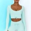 Time Check Ribbed Long Sleeve Crop Top In Light Blue