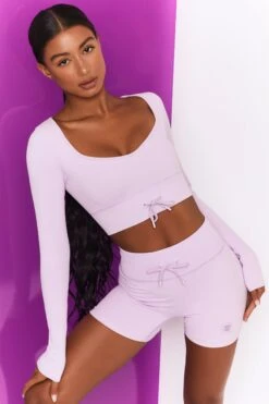 Ribbed Tie Front Mini Shorts In Lilac -Core Fit Shop bt0301 bt0306 3 move it time check lilac high waist draw string ribbed cycle shorts long sleeved strap crop top 2