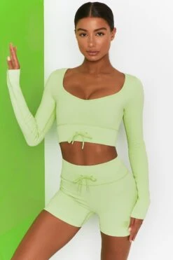 Time Check Ribbed Long Sleeve Crop Top In Lime -Core Fit Shop bt0301 bt0306 3 move it time check lime high waist draw string ribbed cycle shorts long sleeved strap crop top 2
