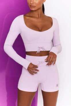 Ribbed Tie Front Mini Shorts In Lilac -Core Fit Shop bt0301 bt0306 4 move it time check lilac high waist draw string ribbed cycle shorts long sleeved strap crop top 2
