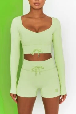 Time Check Ribbed Long Sleeve Crop Top In Lime -Core Fit Shop bt0301 bt0306 4 move it time check lime high waist draw string ribbed cycle shorts long sleeved strap crop top 2