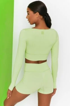 Time Check Ribbed Long Sleeve Crop Top In Lime -Core Fit Shop bt0301 bt0306 6 move it time check lime high waist draw string ribbed cycle shorts long sleeved strap crop top 2