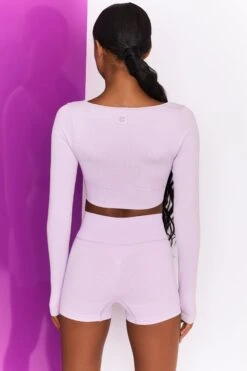 Time Check Ribbed Long Sleeve Crop Top In Lilac -Core Fit Shop bt0301 bt0306 7 move it time check lilac high waist draw string ribbed cycle shorts long sleeved strap crop top 3