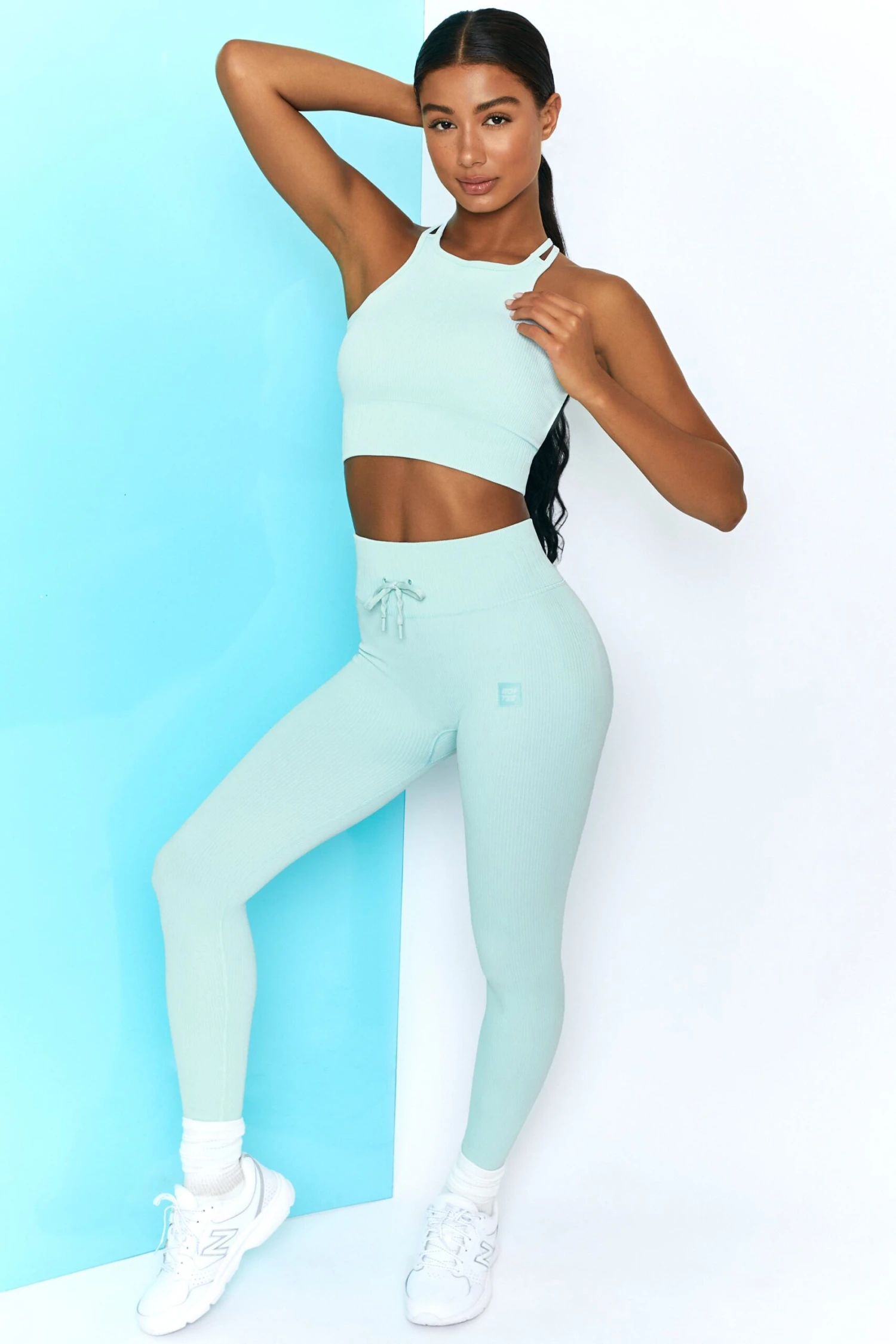 Energise Ribbed Tie Front Full Length Leggings In Light Blue 3 Energise Ribbed Tie Front Full Length Leggings In Light Blue
