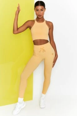 Energise Ribbed Tie Front Full Length Leggings In Yellow