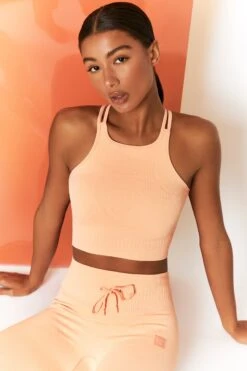 Feel Your Power Ribbed Racer Crop Top In Peach -Core Fit Shop bt0302 bt0304 6 energise peach ribbed drawstring workout joggers feel your power ribbed workout top 3