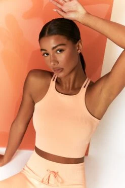 Feel Your Power Ribbed Racer Crop Top In Peach -Core Fit Shop bt0302 bt0304 7 energise peach ribbed drawstring workout joggers feel your power ribbed workout top 1