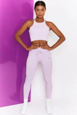 Energise Ribbed Tie Front Full Length Leggings In Lilac -Core Fit Shop bt0302 bt0304 9 energise lilac ribbed drawstring leggings feel your power ribbed cross strap crop top 6