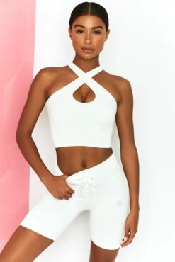 Ribbed Tie Front Cycling Shorts In White -Core Fit Shop bt0303 bt0318 2 adapt white halter crossed back top long distance drawstring shorts 1