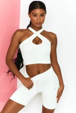 Ribbed Tie Front Cycling Shorts In White -Core Fit Shop bt0303 bt0318 3 adapt white halter crossed back top long distance drawstring shorts 1