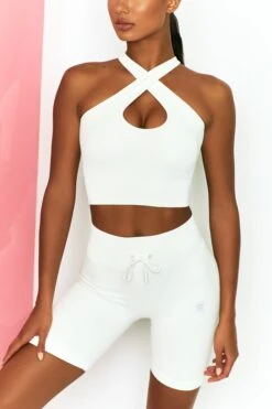 Ribbed Tie Front Cycling Shorts In White -Core Fit Shop bt0303 bt0318 4 adapt white halter crossed back top long distance drawstring shorts 1