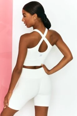 Ribbed Tie Front Cycling Shorts In White -Core Fit Shop bt0303 bt0318 6 adapt white halter crossed back top long distance drawstring shorts 1